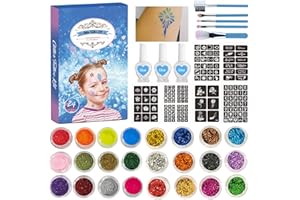 XUBX 24 kolory Zestaw brokatowych tatuaży, zestaw do makijażu z brokatem, zestaw do tymczasowego tatuażu, zestaw do tatuażu z 149 szablonami, 3 klejami i 5 szczotkami, zestaw brokatowy na imprezy