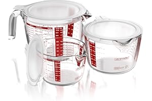 Arendo - Messbecher Set aus Glas mit Deckel - Größen 250ml, 500ml, 1000ml (0,25l 0,5l 1l) – Messkrug Glas Krug – Borosilikatglas – hitzebeständig – Mikrowellen geeignet – Küchenmessbecher
