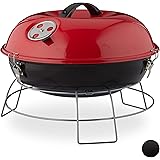 Relaxdays Barbecue a Sfera, Portatile, con Coperchio, Ampia Superficie di Cottura, Carbonella in Legno, Ø36cm, Rosso