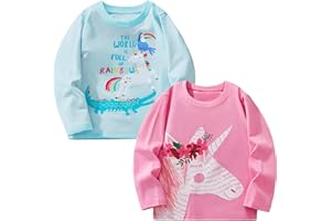 Pilipulu Maglietta Maniche Lunghe Bambina in Morbido Cotone, T-Shirt Manica Lunga Bambine di Unicorno Rosa per Ragazze 3-9 Anni, Pacco da 2