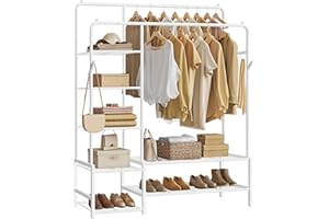 SONGMICS Stand Appendiabiti, Guardaroba Aperto, 7 Ripiani Portaoggetti, Struttura in Metallo, Barre Appendiabiti, Camera da Letto, Soggiorno, Ingresso, Bianco HSR182WG01