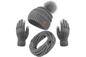 ANECO Womens Winter Warm Sets Knitted Fur Pompoms Beanie Hat Circle Loop Scarf Touch Screen Gloves Winter Favor Accessories