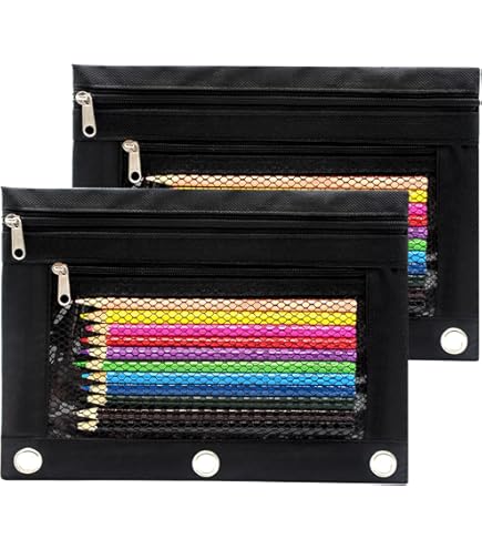 FEPITO 3-Pack 3-Ring Binder Pencil Pouches - Double Pocket Zipper Cases With Mesh Window