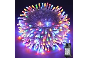 Moxled Łańcuch świetlny na zewnątrz, 10 m, 100 diod LED, kolorowy, funkcja zapisywania i timer, przezroczysty kabel, wodoszczelny, 8 trybów świecenia, oświetlenie bożonarodzeniowe do ogrodu, na drzewo