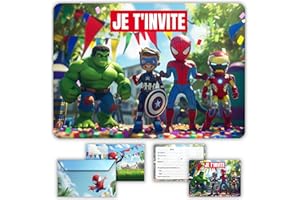 Glowiibo Lot de 12 Cartes Invitation Anniversaire Super Héros avec Enveloppes Assorties - Idéal Enfant Garçon Ado - Cartons Préremplis en Français pour Fête ou Goûter d'Anniversaire