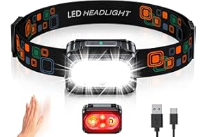 ISEYOU Head Torch Rechargeable, Super Bright Lightweight Headtorch with Red Warning Lights, Motion Sensor Control, 5 Light Modes, 26 Hrs Runtime IPX4 Waterproof Headlamp for Running, Hiking
