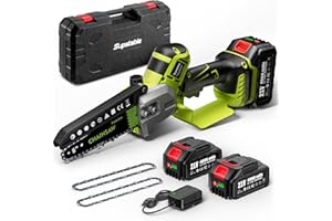 Supstable Mini Motosierra a Batería 8000 mAh, 6 Pulgadas Sierra Electrica Podar Arboles, Engrasador Automático, 2 Baterías, 2 Cadenas De Repuesto Y Cargador, Compatible con Makita 18V Bateria