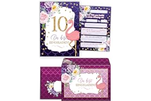 ‎JUNA-EXPERTEN JuNa-Experten 12 Einladungskarten incl. 12 Umschläge zum 10. Kindergeburtstag Mädchen Flamingo Einladungen zum zehnten Geburtstag
