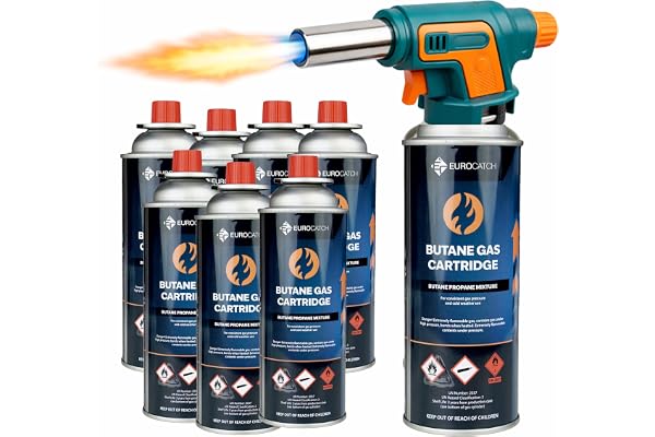 Eurocatch Gasbrannare 1300°C - Elektrisk Tändning - Justerbar Låga - Set med 8x 227g Butangaspatron