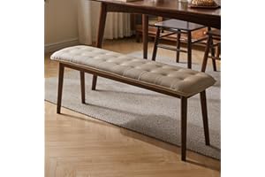 Cttasty Eingangsbank, Esszimmerbank aus Massivholz, Mid-Century Bank für das Ende des Bettes mit gepolstertem PU-Ledersitz, Schlafzimmerbank, 120 cm L x 32 cm B x 45 cm H (Beige)