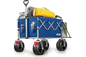 Overmont Klappbar Bollerwagen mit Faltbarer Heckklappe - Alle Gelände Räder - 200L großes Fassungsvermögen mit Seitentaschen Getränkehalter Verstellbarem Griff - bis 120 kg Tragkraft Blau