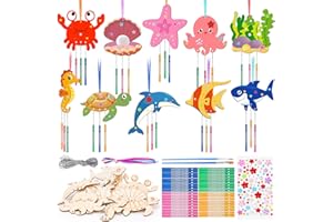OOTSR 10 Carillons à Vent Animaux Marins en Bois DIY, Activité Manuelle Bricolage Enfants pour Décoration d'Été, Cadeau Créatif pour Anniversaires et Projets Scolaires