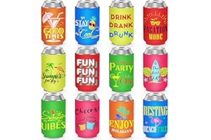 HooAMI Beach Themed Can Cooler Sleeve Funny Beer Can Covers Collapsible Insulated Neoprene Drink Cooler Sleeves for Beer Beverages Cans and Bottles Summer Pool Hawaiian Party Favors (12-Pack)