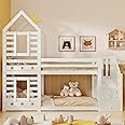 BTM Bunk Bed Storage Children Cabin Bed Single Bed with Window for Kids, Twin Sleeper 190x90 cm, Solid Pine Wood,3FT -White
