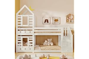 AYOROF Bunk Bed with Storage, Children Cabin Bed Single Bed with Window for Kids, Twin Sleeper 190x90 cm, Solid Pine Wood, 3FT -White