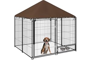PawHut Recinto per Cani in Metallo con Porticina per Ciotole, Recinzione per Cani da Esterno con Copertura in Tessuto Oxford, 141x141x151 cm, Nero e Marrone
