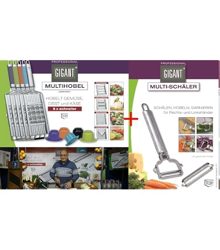 Produktbild von Gigant Multischäler Set,Gemüseschäler,Beidseitig Gezackte Klinge, Für Gemüse Und Obst,Gigant Julienne Schäler, Gemüsestreifen, Edelstahl, Rechts Und Linkshänder, Mit Kartoffelspiralschneider