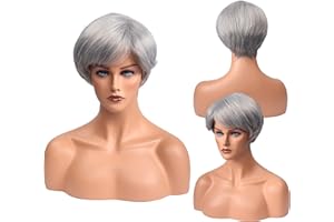 MEIRIYFA Perruque courte grise argentée avec frange pour femme - Cheveux synthétiques courts et raides