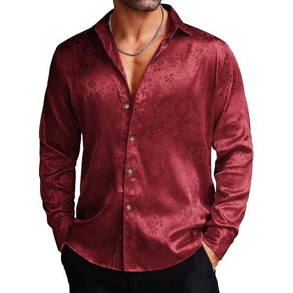 TUNEVUSE Herren Satinhemd Kurzarm – Glänzend, Floral Jacquard, Größen S-5XL