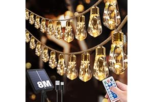 RISEMART 10M 20 Lights Solar String Lights Outdoor with 8 Modes, Remote Control Garden Lighting for Garden, Party, Balcony, Yard, Wedding - Warm White