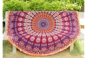 AVA Collections Grande tapisserie ronde en coton motif mandala paon indien - Tapis de plage, tapis de méditation, tapis de pique-nique, décoration d'intérieur, jeté de canapé - 183 cm (O)