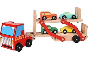Toys of Wood Oxford Camion Transporteur avec Remorque à Double Pont et 4 Voitures en Bois – Jouet en Bois pour Enfant, Coffret de Jeu dès 3 Ans