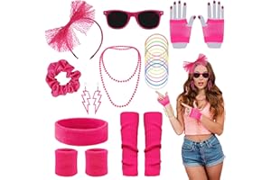 ROSEDREAMER 80er Jahre Accessoires Outfit Damen, 80er Jahre Outfit Damen Set mit Stirnband Neon, Beinwärmer, Armbänder, Brille und Ohrring 90er Jahre Kleidung Damen Set für Fasching Karneval Thema (Rosarot)