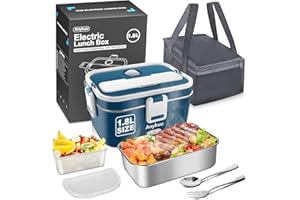 Anykuu 100W 1.8L Fiambrera Electrica Extra Grande 3 en 1 Tartera Eléctrica Cuenco eléctrico Portatil 12V/24V/220V con Bolsa Térmica y Cubiertos-Acero Inoxidable para Coche Camión y Trabajo