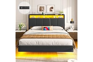 Brinlawb Lit 140x200 avec Sommier, Cadre de lit 140x200cm avec Éclairage LED et 2 Prises CA & 2 Ports USB, Tête de lit Rembourrée avec Rangement, Structure Stable, Effet Flottant, Tissu en Lin, Gris