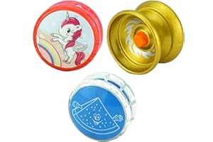 SRVERTEX SRV Hub® Lot de 3 yoyos réactifs en métal et plastique avec retour automatique pour enfants et débutants, cadeaux de fête, divertissants (métal, fruit et licorne, doré, bleu, rose)