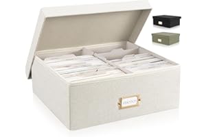 ZICOTO Modern Decorative Photo Storage Box - Collapsible Linen Photo Organizer with Dividers, Perfect for 4x6 Pictures - Portable Scrapbook Storage Containers with Lid, 6.3x4.4x2.5 inches