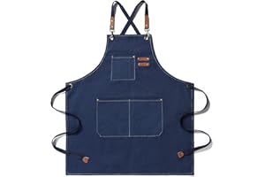 EWIZ Cotton Canvas Apron Adjustable Cross-Back straps with Three Pockets Chef, Artist, Baker, Barista, Bartender, BBQ Aprons for Men and Women
