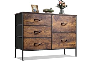 WLIVE Cómoda de 5 Cajones, Gabinete con Parte Superior de Madera y Estructura de Acero para Dormitorio, Sala de Estar, Pasillo, Marrón Rústico
