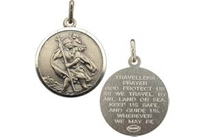CHRISTOPHER JAMES OF LONDON Antique Finish Sterling Silver 24mm Round St Christopher With Travellers Prayer Medal Pendant In Gift Box