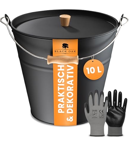 BLACK OAK Asemmer Etna 14 liter, set schep en bezem, zwart, rond, met deksel, groot, 14 liter, staal, vuurvast verzinkt en gepoedercoat, as en kolenemmer, ideale accessoires voor tegelkachel