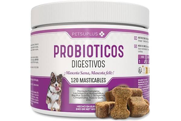 PETSUPLUS Probioticos Perros - Suplemento Digestivo - Repara la Flora Intestinal, Protege el Sistema Inmunológico y previene Enfermedades - Combate Diarrea, Gases y Vómitos - 120 masticables