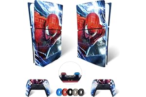 MaD Vision® Extra-Durable Vinyl Skin Set for PS5 Disc Slim + 5 Pairs of Aiming Rings | Scratch-Resistant Sticker Kit for PlayStation 5 + 2 Controllers – for Spider-man Design