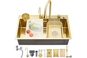 Ribanedy fregadero cascada multifuncional 68 x 45 cm, dorado, fregadero cocina 1 seno inoxidable con grifo rociador abatible, lavavasos y set de accesorios