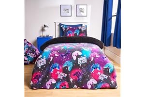 OHS Single Fleece Bedding Set, Super Soft Warm Fleece Fabric Stylish Gaming Print Boys Single Duvet Cover Set Comfy Reversible Kids Bedding with Pillowcase, Neon
