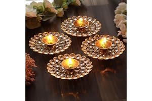 TIED RIBBONS Brass Diya Set Oil Diya Lamp for Pooja Room Mandir - Crystal Akhand Diya for Decorations Home Decorative Items (Golden, 3 cm x 9 cm, Set of 4)