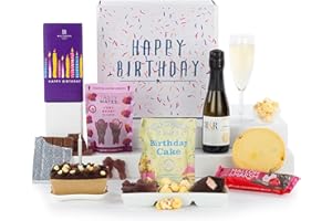 Virginia Hayward Hamper, Birthday Bliss - Hampers & Gourmet Gifts, Celebrate with Mini Chocolate Cake and Candle and Yummy Snacks, Treats and Prosecco - Delicious Birthday Gifts for Women and Men