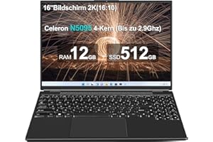 ‎AOCWEI AOCWEI Laptop 16 zoll 12GB RAM 512GB ROM Erweiterungen 2,5" 1 TB SSD, Laptop Win 11 mit 4-Core CPU N5095 (bis zu 2,9 GHz), 1920 * 1200丨5G WiFi丨Bluetooth & Deutsche Tastatur Aufkleber-Schwarz