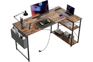 BEXEVUE Escritorio de Esquina con Regleta Enchufes - 120x70 cm Mesa de Ordenador en Forma L, Estantes de Almacenamiento, Oficina Esquina Reversible Desk para Estudio Trabajo Dormitorio Hogar Marrón