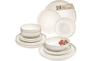 SÄNGER | Geschirrset Korfu 24 tlg, Tafelservice 8 Personen, Steingut Geschirr Handmade, Teller Set inkl. Essteller Dessertteller Tiefe Teller, Essgeschirr Creme Farben mit Sandiger Maserung
