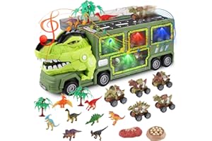 Wrymish Dinosaurier Truck Spielzeug ab 3 4 5 6 7 8 Jahre, Dino LKW Autotransporter Spielzeug Set mit 9 Dinosaurier Figuren und 5 Mini Dino Auto, Mit Ton＆Licht, Kinder Weihnachts Geburtstags Geschenke