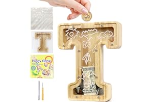Mikytoper Money Box for Kids Wooden Letter Piggy Banks for Kids Money Box with Target Area Personalized Money Box Clear Money Bank for Gift Decoration Baptism (T)