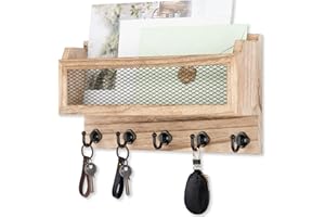 Nekon Mail and Key Holder for Wall Decorative, 11 Inch Wooden Wall Key Organizer with 5 Key Hooks, Wall Mount Storage Shelf for Entryway Hallway (Wood)