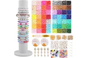 Accwork 14610Pcs Clay Beads Kit, 2 Boxes Friendship Bracelet Making Kit with 56 Colors Polymer Clay Beads, Letter/Heart Beads, Smiley Face Beads Pendants Charm Kit for DIY Jewelry Making