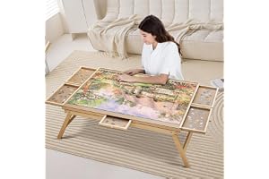 1500 Piece Wooden Jigsaw Folding Puzzle Board, Puzzle Table with Legs and Protective Cover,90cmx70cm Portable Puzzle Table (6 drawers)