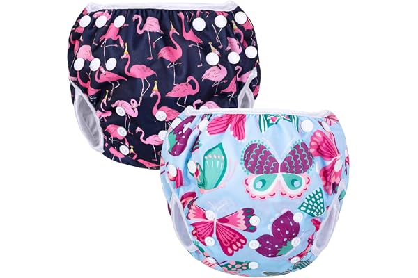 Luxja Couches de Bain, Bébé Maillot de Bain 2PCS, Lavable, Réutilisable, Ajustable, Pour les enfants de 0-3 Ans, Flamingo + Papillon